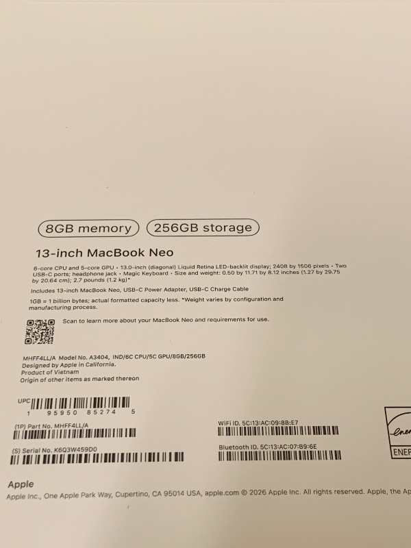 Photo 1 of Apple 2026 MacBook Neo 13-inch Laptop with A18 Pro chip: Built for AI and Apple Intelligence, Liquid Retina Display, 8GB Unified Memory, 256GB SSD Storage, 1080p FaceTime HD Camera; Indigo