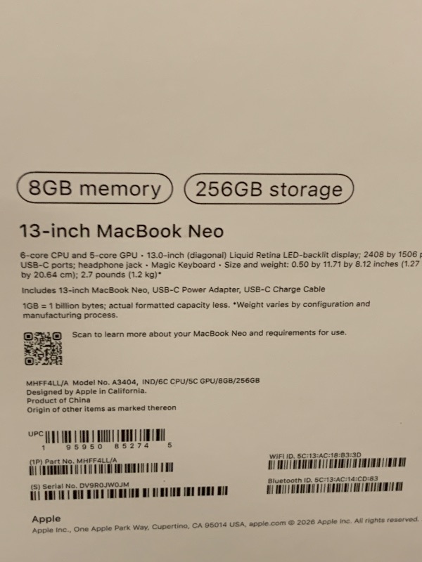 Photo 1 of Apple 2026 MacBook Neo 13-inch Laptop with A18 Pro chip: Built for AI and Apple Intelligence, Liquid Retina Display, 8GB Unified Memory, 256GB SSD Storage, 1080p FaceTime HD Camera; Indigo