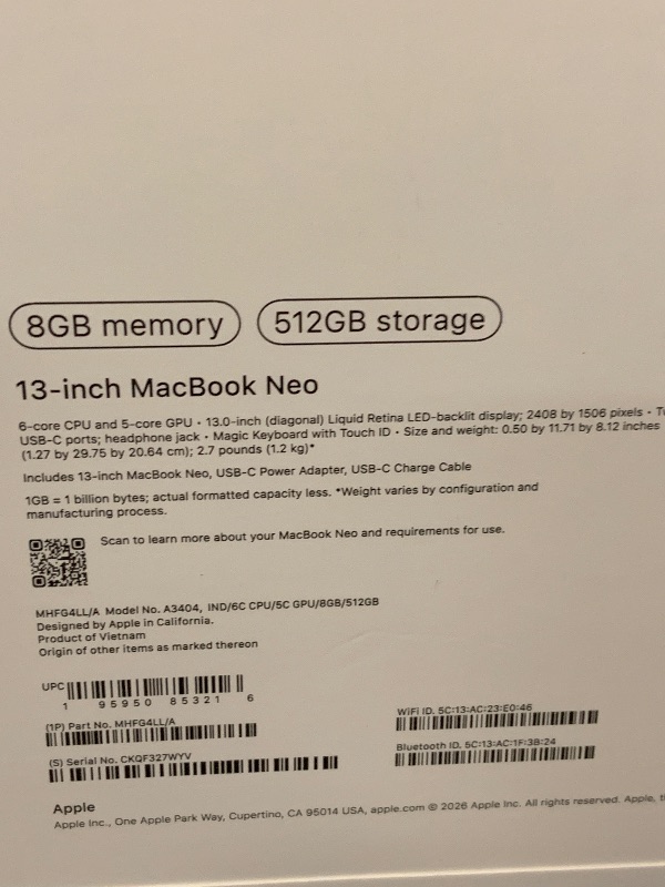 Photo 1 of Apple 2026 MacBook Neo 13-inch Laptop with A18 Pro chip: Built for AI and Apple Intelligence, Liquid Retina Display, 8GB Unified Memory, 512GB SSD Storage, 1080p FaceTime HD Camera, Touch ID; Indigo