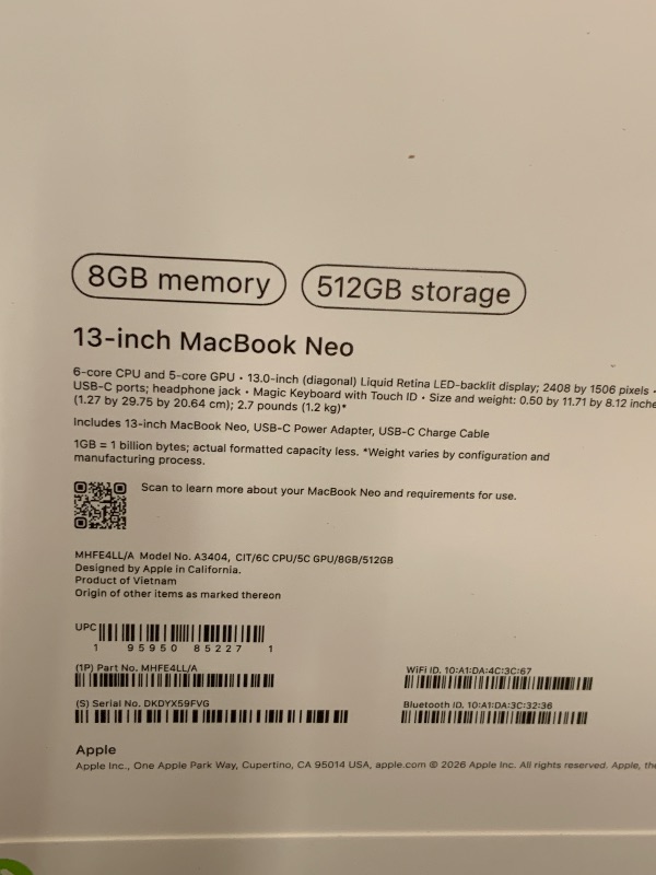 Photo 1 of Apple 2026 MacBook Neo 13-inch Laptop with A18 Pro chip: Built for AI and Apple Intelligence, Liquid Retina Display, 8GB Unified Memory, 512GB SSD Storage, 1080p FaceTime HD Camera, Touch ID; Citrus
