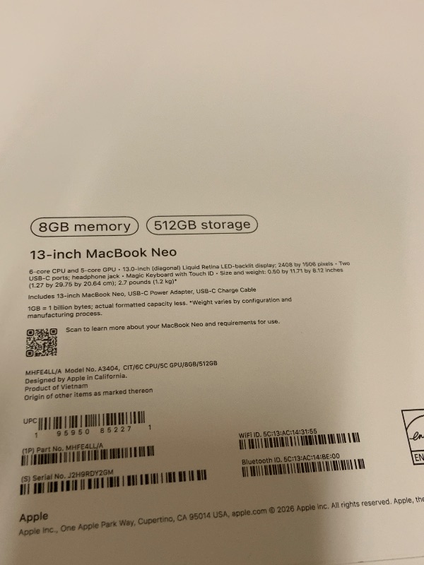Photo 1 of Apple 2026 MacBook Neo 13-inch Laptop with A18 Pro chip: Built for AI and Apple Intelligence, Liquid Retina Display, 8GB Unified Memory, 512GB SSD Storage, 1080p FaceTime HD Camera, Touch ID; Citrus