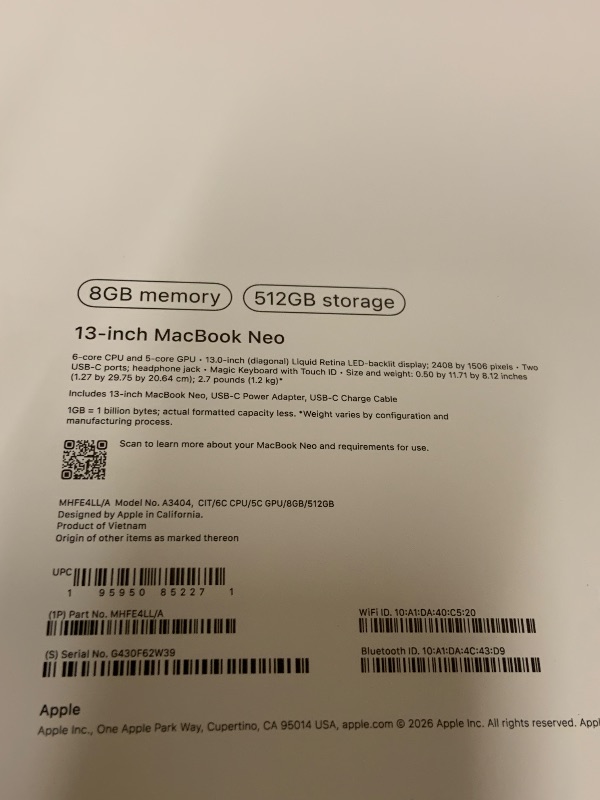 Photo 1 of Apple 2026 MacBook Neo 13-inch Laptop with A18 Pro chip: Built for AI and Apple Intelligence, Liquid Retina Display, 8GB Unified Memory, 512GB SSD Storage, 1080p FaceTime HD Camera, Touch ID; Citrus