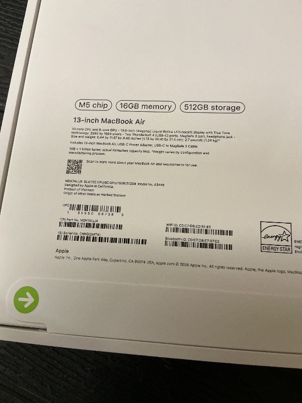 Photo 1 of Apple 2026 MacBook Air 13-inch Laptop with M5 chip: Built for AI, 13.6-inch Liquid Retina Display, 16GB Unified Memory, 512GB SSD, 12MP Center Stage Camera, Touch ID, Wi-Fi 7; Silver