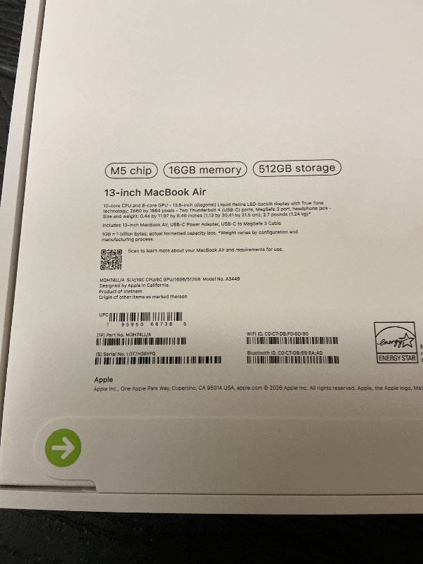 Photo 1 of Apple 2026 MacBook Air 13-inch Laptop with M5 chip: Built for AI, 13.6-inch Liquid Retina Display, 16GB Unified Memory, 512GB SSD, 12MP Center Stage Camera, Touch ID, Wi-Fi 7; Silver