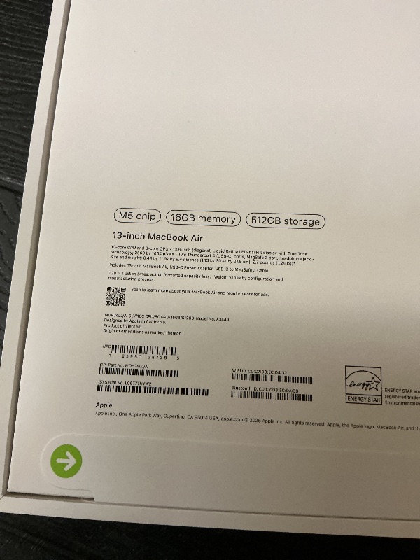 Photo 1 of Apple 2026 MacBook Air 13-inch Laptop with M5 chip: Built for AI, 13.6-inch Liquid Retina Display, 16GB Unified Memory, 512GB SSD, 12MP Center Stage Camera, Touch ID, Wi-Fi 7; Silver