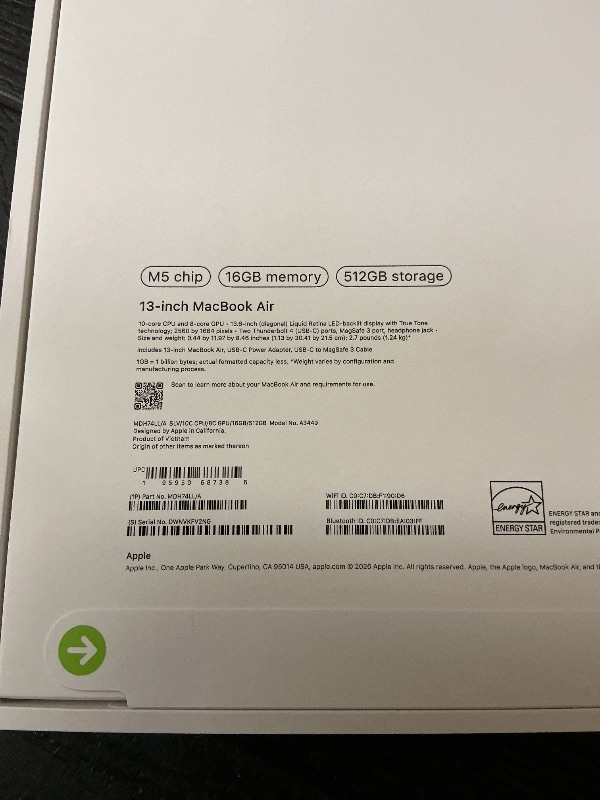 Photo 1 of Apple 2026 MacBook Air 13-inch Laptop with M5 chip: Built for AI, 13.6-inch Liquid Retina Display, 16GB Unified Memory, 512GB SSD, 12MP Center Stage Camera, Touch ID, Wi-Fi 7; Silver