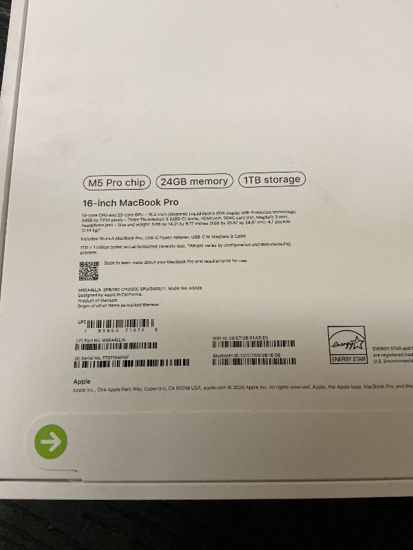 Photo 1 of Apple 2026 MacBook Pro Laptop with Apple M5 Pro chip with 18-core CPU and 20-core GPU: Built for AI, 16.2-inch Liquid Retina XDR Display, 24GB Unified Memory, 1TB SSD, Wi-Fi 7; Space Black