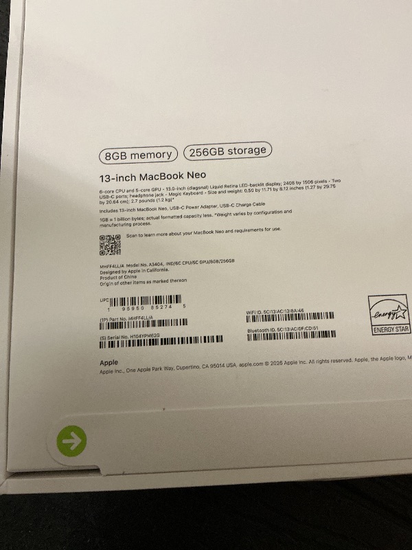 Photo 1 of Apple 2026 MacBook Neo 13-inch Laptop with A18 Pro chip: Built for AI and Apple Intelligence, Liquid Retina Display, 8GB Unified Memory, 256GB SSD Storage, 1080p FaceTime HD Camera; Indigo