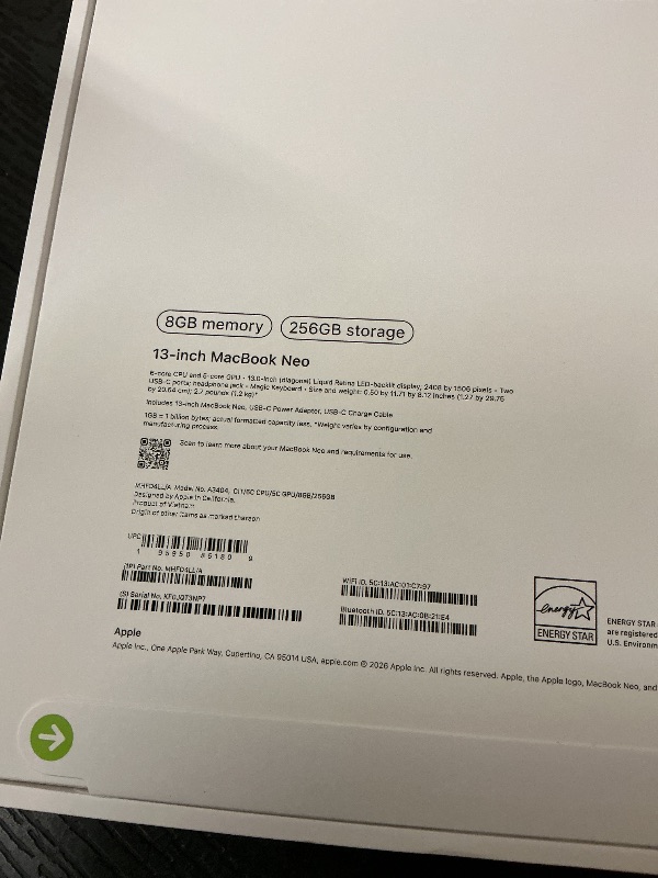 Photo 1 of Apple 2026 MacBook Neo 13-inch Laptop with A18 Pro chip: Built for AI and Apple Intelligence, Liquid Retina Display, 8GB Unified Memory, 256GB SSD Storage, 1080p FaceTime HD Camera; Citrus