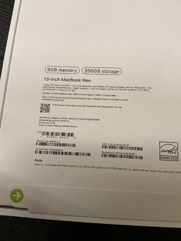 Photo 1 of Apple 2026 MacBook Neo 13-inch Laptop with A18 Pro chip: Built for AI and Apple Intelligence, Liquid Retina Display, 8GB Unified Memory, 256GB SSD Storage, 1080p FaceTime HD Camera; Indigo