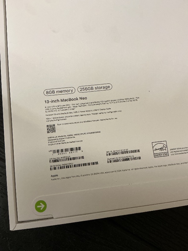 Photo 1 of Apple 2026 MacBook Neo 13-inch Laptop with A18 Pro chip: Built for AI and Apple Intelligence, Liquid Retina Display, 8GB Unified Memory, 256GB SSD Storage, 1080p FaceTime HD Camera; Indigo