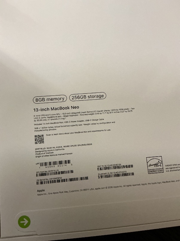 Photo 1 of Apple 2026 MacBook Neo 13-inch Laptop with A18 Pro chip: Built for AI and Apple Intelligence, Liquid Retina Display, 8GB Unified Memory, 256GB SSD Storage, 1080p FaceTime HD Camera; Indigo