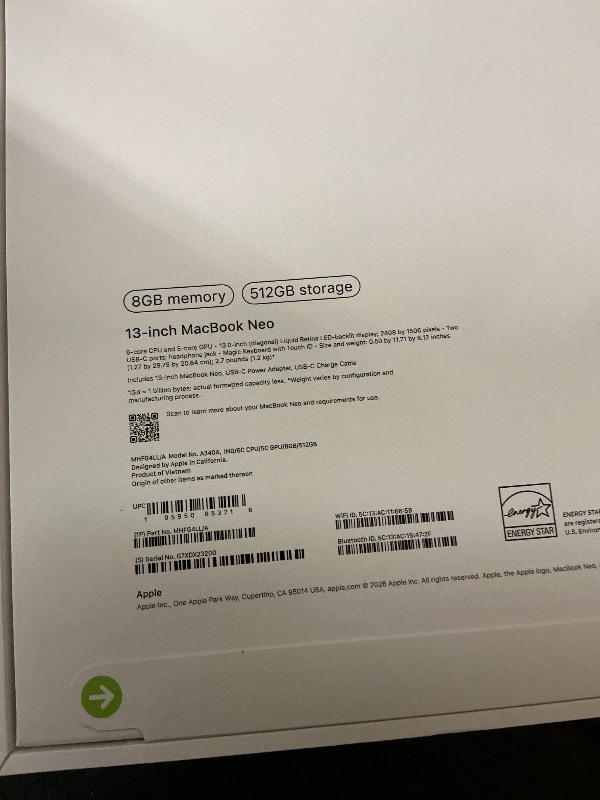 Photo 1 of Apple 2026 MacBook Neo 13-inch Laptop with A18 Pro chip: Built for AI and Apple Intelligence, Liquid Retina Display, 8GB Unified Memory, 512GB SSD Storage, 1080p FaceTime HD Camera, Touch ID; Indigo