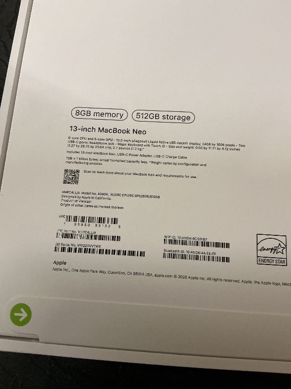 Photo 1 of Apple 2026 MacBook Neo 13-inch Laptop with A18 Pro chip: Built for AI and Apple Intelligence, Liquid Retina Display, 8GB Unified Memory, 512GB SSD Storage, 1080p FaceTime HD Camera, Touch ID; Silver
