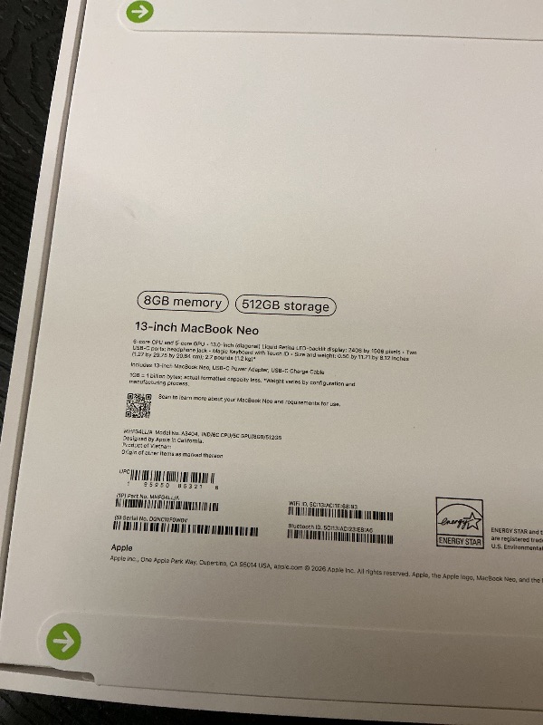 Photo 1 of Apple 2026 MacBook Neo 13-inch Laptop with A18 Pro chip: Built for AI and Apple Intelligence, Liquid Retina Display, 8GB Unified Memory, 512GB SSD Storage, 1080p FaceTime HD Camera, Touch ID; Indigo