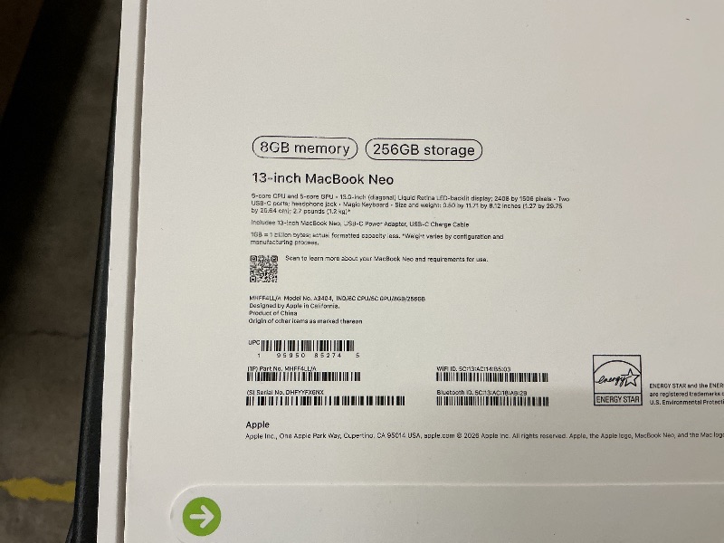 Photo 1 of Apple 2026 MacBook Neo 13-inch Laptop with A18 Pro chip: Built for AI and Apple Intelligence, Liquid Retina Display, 8GB Unified Memory, 256GB SSD Storage, 1080p FaceTime HD Camera; Indigo