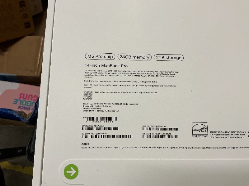Photo 1 of Apple 2026 MacBook Pro Laptop with Apple M5 Pro chip with 15-core CPU and 16-core GPU: Built for AI, 14.2-inch Liquid Retina XDR Display, 24GB Unified Memory, 2TB SSD, Wi-Fi 7; Space Black FACTORY SEALED—