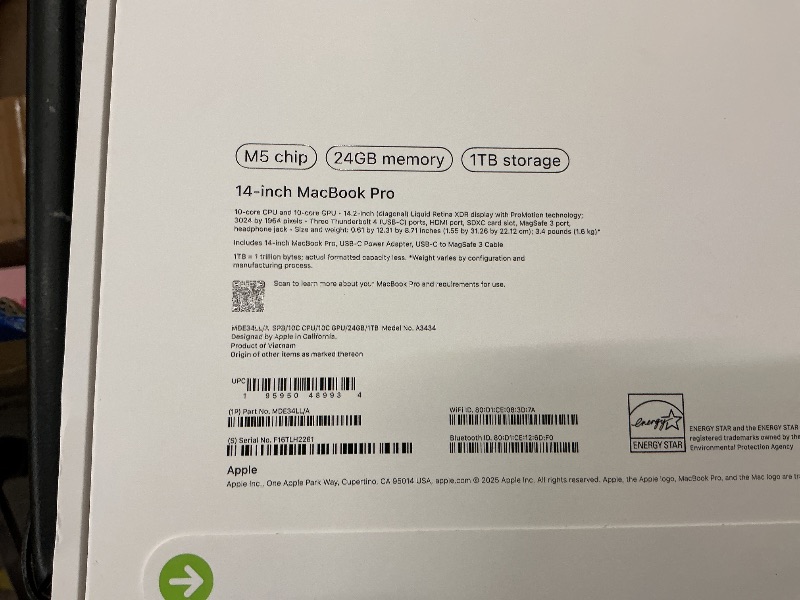 Photo 1 of Apple 2025 MacBook Pro Laptop with Apple M5 chip with 10?core CPU and 10?core GPU: Built for AI, 14.2-inch Liquid Retina XDR Display, 24GB Unified Memory, 1TB SSD Storage; Space Black FACTORY SEALED—