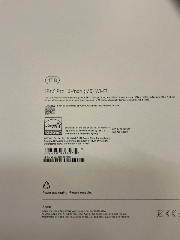 Photo 1 of Apple iPad Pro 13-inch (M5): Ultra Retina XDR Display, 1TB, Landscape 12MP Front Camera/12MP Back Camera, LiDAR Scanner, Wi-Fi 7 with Apple N1, Face ID, All-Day Battery Life — Space Black FACTORY SEALED
