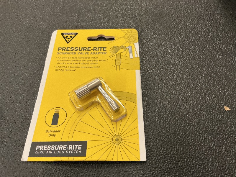 Photo 1 of Topeak Pressure-Rite Schrader Valve Adapter – Compact Brass Shock Pump Connector with Internal Check Valve for Accurate Pressure Readings and Easy Removal
