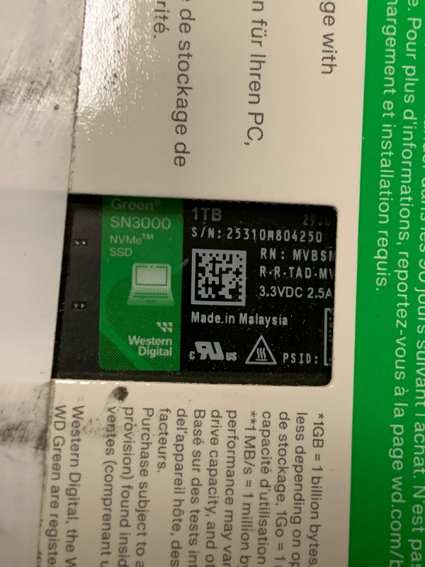Photo 1 of Western Digital 1TB WD Green SN3000 NVMe Internal SSD - Solid State Drive - Gen4 PCIe, M.2 2280, Up to 5,000 MB/s - WDS100T4G0E