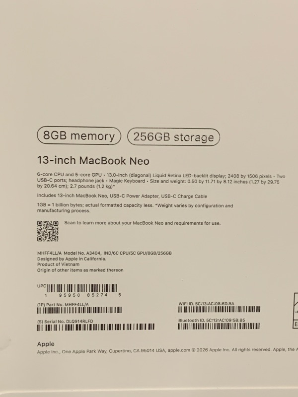 Photo 1 of Apple 2026 MacBook Neo 13-inch Laptop with A18 Pro chip: Built for AI and Apple Intelligence, Liquid Retina Display, 8GB Unified Memory, 256GB SSD Storage, 1080p FaceTime HD Camera; Indigo