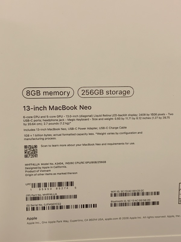 Photo 1 of Apple 2026 MacBook Neo 13-inch Laptop with A18 Pro chip: Built for AI and Apple Intelligence, Liquid Retina Display, 8GB Unified Memory, 256GB SSD Storage, 1080p FaceTime HD Camera; Indigo