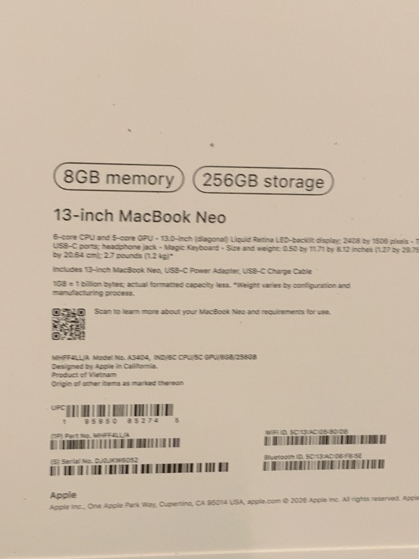 Photo 1 of Apple 2026 MacBook Neo 13-inch Laptop with A18 Pro chip: Built for AI and Apple Intelligence, Liquid Retina Display, 8GB Unified Memory, 256GB SSD Storage, 1080p FaceTime HD Camera; Indigo