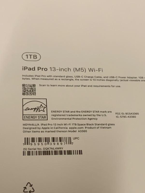 Photo 1 of Apple iPad Pro 13-inch (M5): Ultra Retina XDR Display, 1TB, Landscape 12MP Front Camera/12MP Back Camera, LiDAR Scanner, Wi-Fi 7 with Apple N1, Face ID, All-Day Battery Life — Space Black