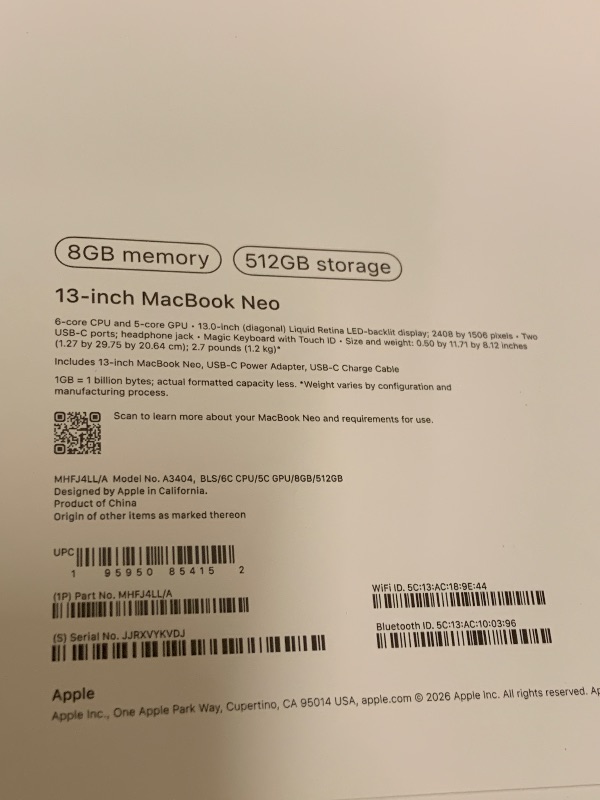 Photo 1 of Apple 2026 MacBook Neo 13-inch Laptop with A18 Pro chip: Built for AI and Apple Intelligence, Liquid Retina Display, 8GB Unified Memory, 512GB SSD Storage, 1080p FaceTime HD Camera, Touch ID; Blush