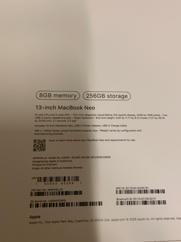 Photo 1 of Apple 2026 MacBook Neo 13-inch Laptop with A18 Pro chip: Built for AI and Apple Intelligence, Liquid Retina Display, 8GB Unified Memory, 256GB SSD Storage, 1080p FaceTime HD Camera; Blush