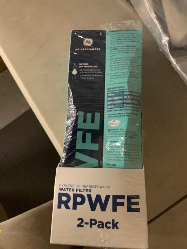 Photo 1 of GE RPWFE Refrigerator Water Filter, Genuine Replacement Filter, Certified to Reduce Lead, Sulfur, and 50+ Other Impurities, Replace Every 6 Months for Best Results, Pack of 2