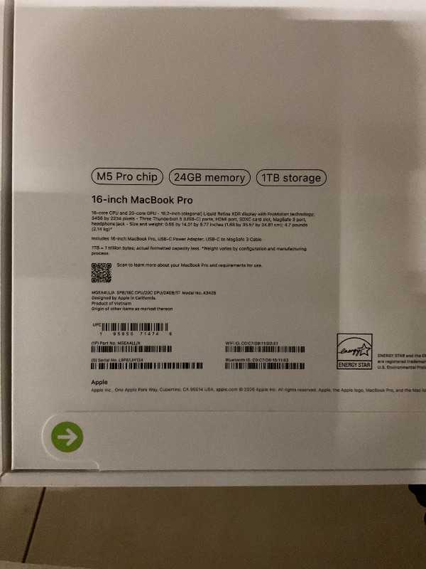 Photo 1 of Apple 2026 MacBook Pro Laptop with Apple M5 Pro chip with 18-core CPU and 20-core GPU: Built for AI, 16.2-inch Liquid Retina XDR Display, 24GB Unified Memory, 1TB SSD, Wi-Fi 7; Space Black