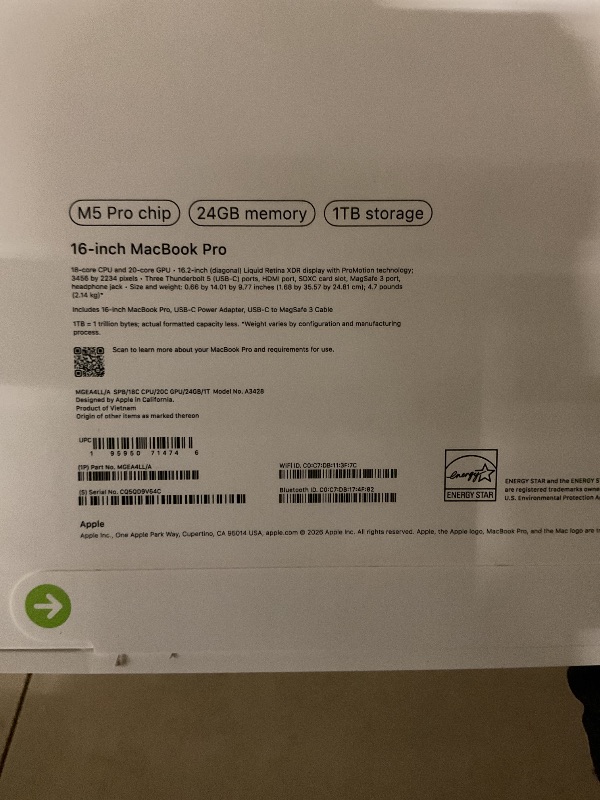 Photo 1 of Apple 2026 MacBook Pro Laptop with Apple M5 Pro chip with 18-core CPU and 20-core GPU: Built for AI, 16.2-inch Liquid Retina XDR Display, 24GB Unified Memory, 1TB SSD, Wi-Fi 7; Space Black