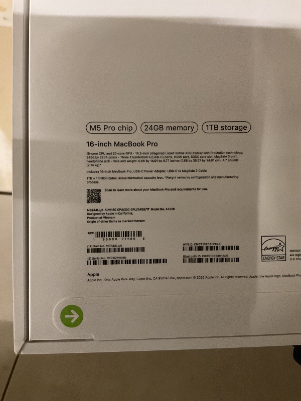 Photo 1 of Apple 2026 MacBook Pro Laptop with Apple M5 Pro chip with 18-core CPU and 20-core GPU: Built for AI, 16.2-inch Liquid Retina XDR Display, 24GB Unified Memory, 1TB SSD, Wi-Fi 7; Silver