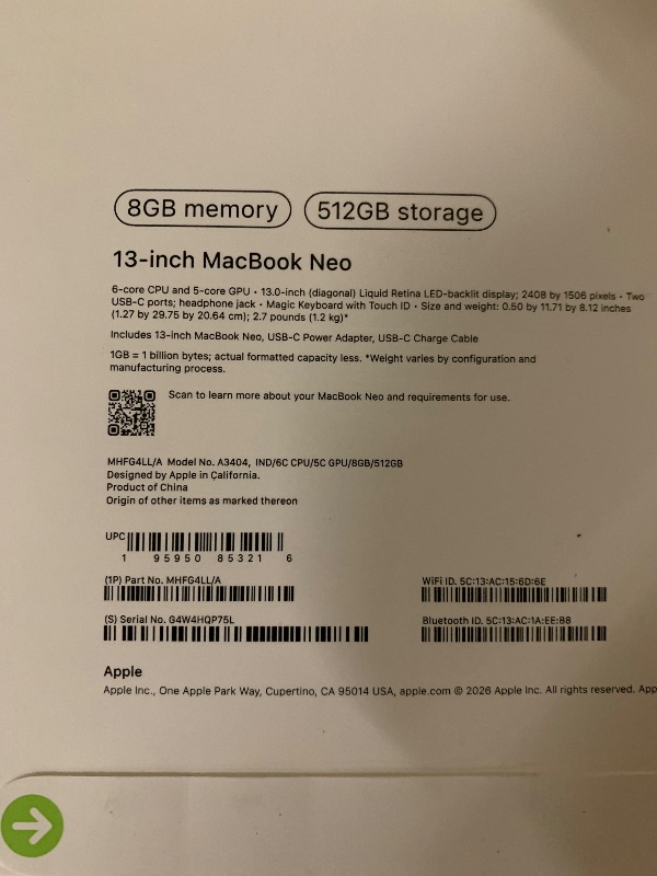 Photo 1 of Apple 2026 MacBook Neo 13-inch Laptop with A18 Pro chip: Built for AI and Apple Intelligence, Liquid Retina Display, 8GB Unified Memory, 512GB SSD Storage, 1080p FaceTime HD Camera, Touch ID; Indigo