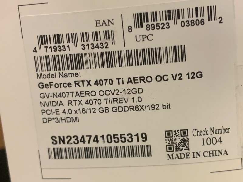 Photo 1 of Gigabyte GeForce RTX 4070 Ti AERO OC V2 12G Graphics Card, 3X WINDFORCE Fans, 12GB 192-bit GDDR6X, GV-N407TAERO OCV2-12GD Video Card