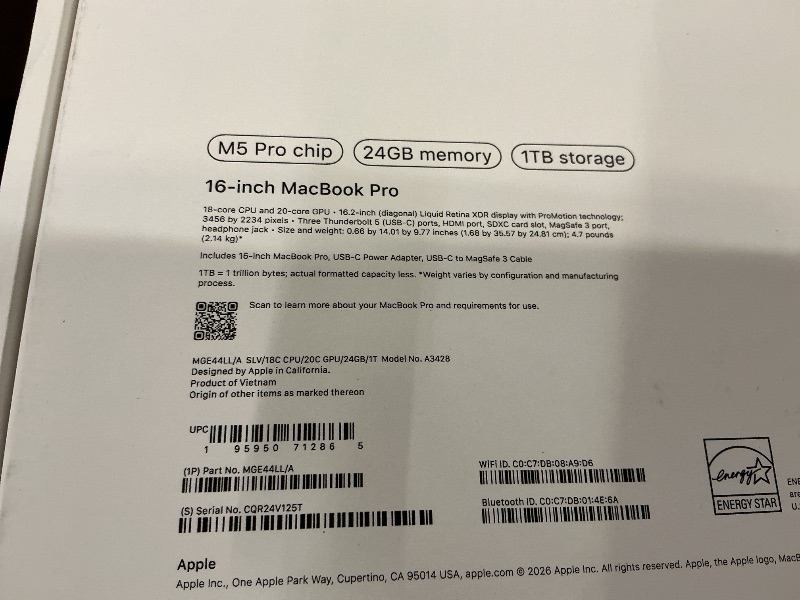 Photo 1 of Apple 2026 MacBook Pro Laptop with Apple M5 Pro chip with 18-core CPU and 20-core GPU: Built for AI, 16.2-inch Liquid Retina XDR Display, 24GB Unified Memory, 1TB SSD, Wi-Fi 7; Silver