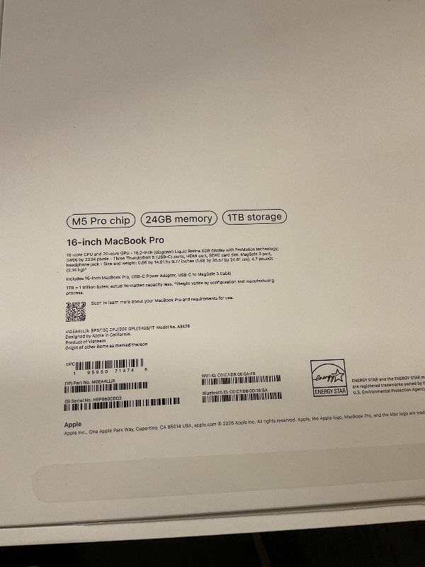Photo 1 of Apple 2026 MacBook Pro Laptop with Apple M5 Pro chip with 18-core CPU and 20-core GPU: Built for AI, 16.2-inch Liquid Retina XDR Display, 24GB Unified Memory, 1TB SSD, Wi-Fi 7; Space Black