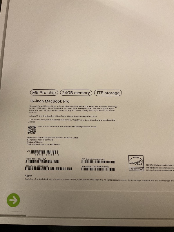 Photo 1 of Apple 2026 MacBook Pro Laptop with Apple M5 Pro chip with 18-core CPU and 20-core GPU: Built for AI, 16.2-inch Liquid Retina XDR Display, 24GB Unified Memory, 1TB SSD, Wi-Fi 7; Space Black