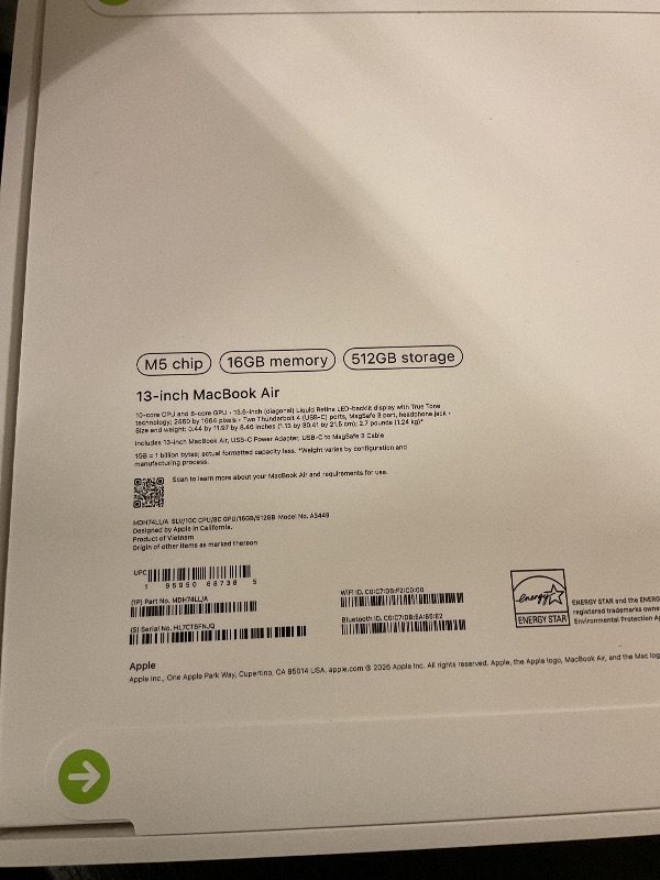 Photo 1 of Apple 2026 MacBook Air 13-inch Laptop with M5 chip: Built for AI, 13.6-inch Liquid Retina Display, 16GB Unified Memory, 512GB SSD, 12MP Center Stage Camera, Touch ID, Wi-Fi 7; Silver