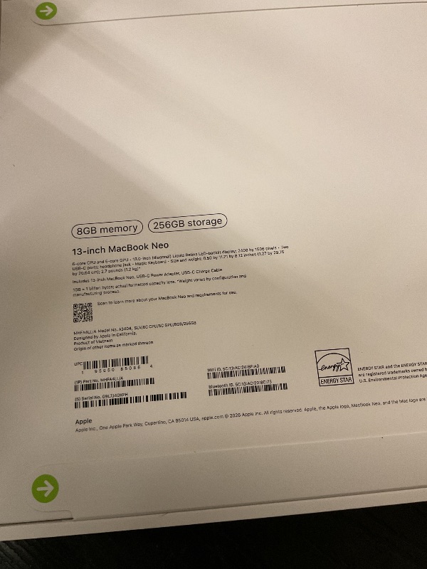 Photo 1 of Apple 2026 MacBook Neo 13-inch Laptop with A18 Pro chip: Built for AI and Apple Intelligence, Liquid Retina Display, 8GB Unified Memory, 256GB SSD Storage, 1080p FaceTime HD Camera; Silver