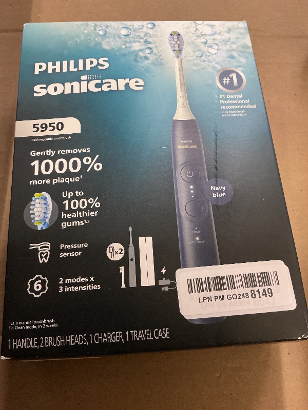 Photo 1 of Philips Sonicare 5950 Series Electric Toothbrush, with Pressure Sensor, for Sensitive Gums, 6 Brushing Settings, SmarTimer, BrushPacer, 21-Day Runtime, Travel Case, Navy Blue, HX7133/03