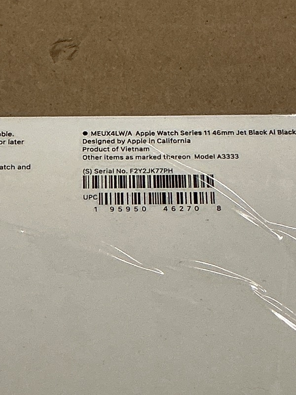 Photo 1 of FACTORY SEALED — Apple Watch Series 11 [GPS 46mm] Smartwatch with Jet Black Aluminum Case with Black Sport Band - M/L. Sleep Score, Fitness Tracker, Health Monitoring, Always-On Display, Water Resistant