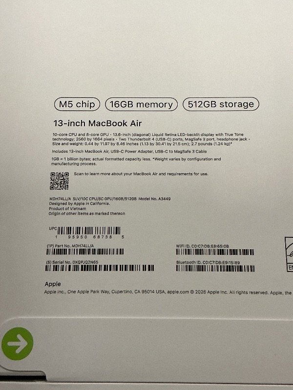 Photo 1 of FACTORY SEALED—  Apple 2026 MacBook Air 13-inch Laptop with M5 chip: Built for AI, 13.6-inch Liquid Retina Display, 16GB Unified Memory, 512GB SSD, 12MP Center Stage Camera, Touch ID, Wi-Fi 7; Silver
