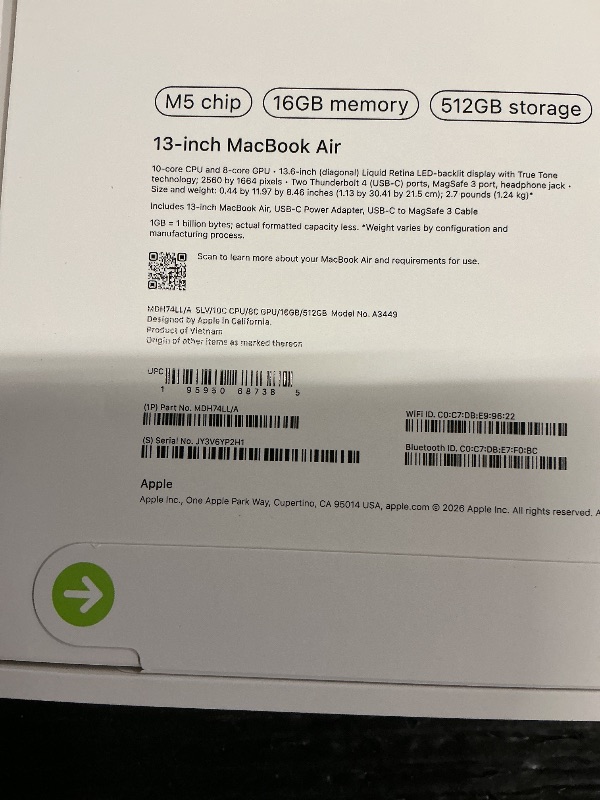 Photo 1 of FACTORY SEALED— Apple 2026 MacBook Air 13-inch Laptop with M5 chip: Built for AI, 13.6-inch Liquid Retina Display, 16GB Unified Memory, 512GB SSD, 12MP Center Stage Camera, Touch ID, Wi-Fi 7; Silver