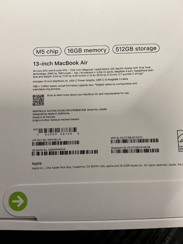 Photo 1 of FACTORY SEALED— Apple 2026 MacBook Air 13-inch Laptop with M5 chip: Built for AI, 13.6-inch Liquid Retina Display, 16GB Unified Memory, 512GB SSD, 12MP Center Stage Camera, Touch ID, Wi-Fi 7; Silver