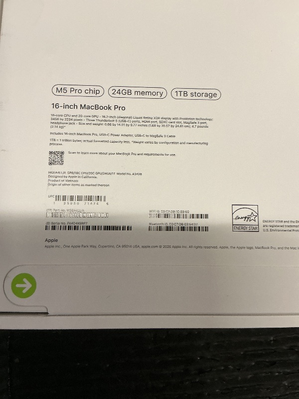 Photo 1 of Apple 2026 MacBook Pro Laptop with Apple M5 Pro chip with 18-core CPU and 20-core GPU: Built for AI, 16.2-inch Liquid Retina XDR Display, 24GB Unified Memory, 1TB SSD, Wi-Fi 7; Space Black