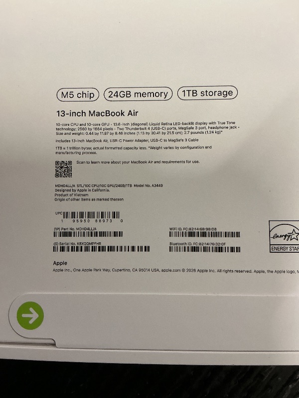 Photo 1 of FACTORY SEALED— Apple 2026 MacBook Air 13-inch Laptop with M5 chip: Built for AI, 13.6-inch Liquid Retina Display, 24GB Unified Memory, 1TB SSD, 12MP Center Stage Camera, Touch ID, Wi-Fi 7; Starlight