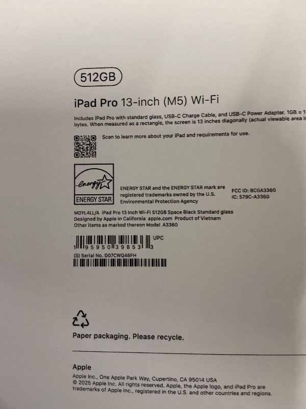 Photo 1 of FACTORY SEALED— Apple iPad Pro 13-inch (M5): Ultra Retina XDR Display, 512GB, Landscape 12MP Front Camera/12MP Back Camera, LiDAR Scanner, Wi-Fi 7 with Apple N1, Face ID, All-Day Battery Life — Space Black